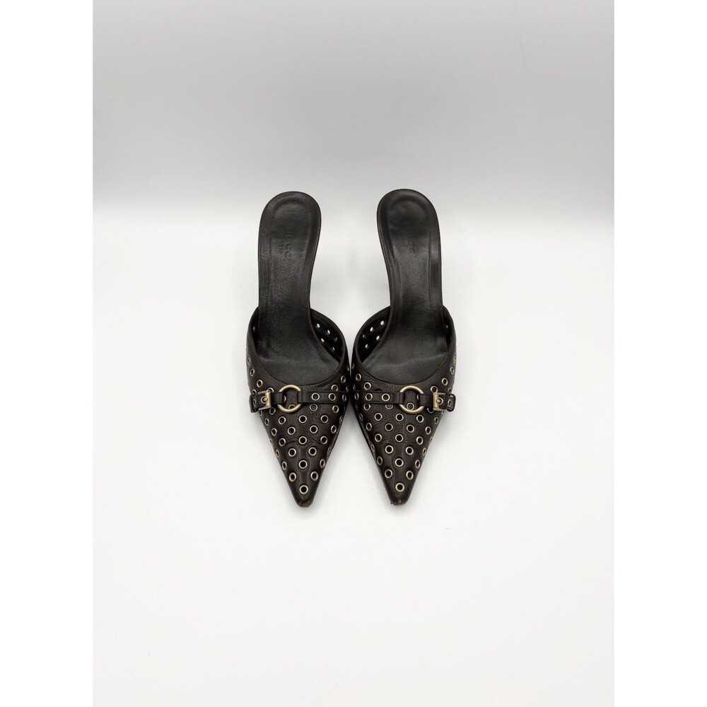 Gucci Brown Leather Grommet Accent Pointed Toe Mules Kitten Heels Size EU 35